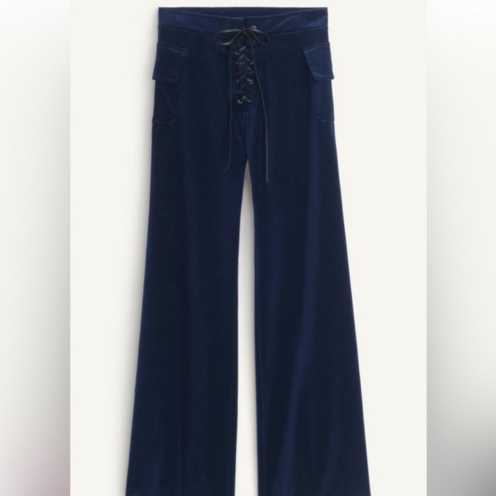 Kate Moss Zara Blue Velvet Lace Up Leather laced pants bell wide leg boho 70s 60